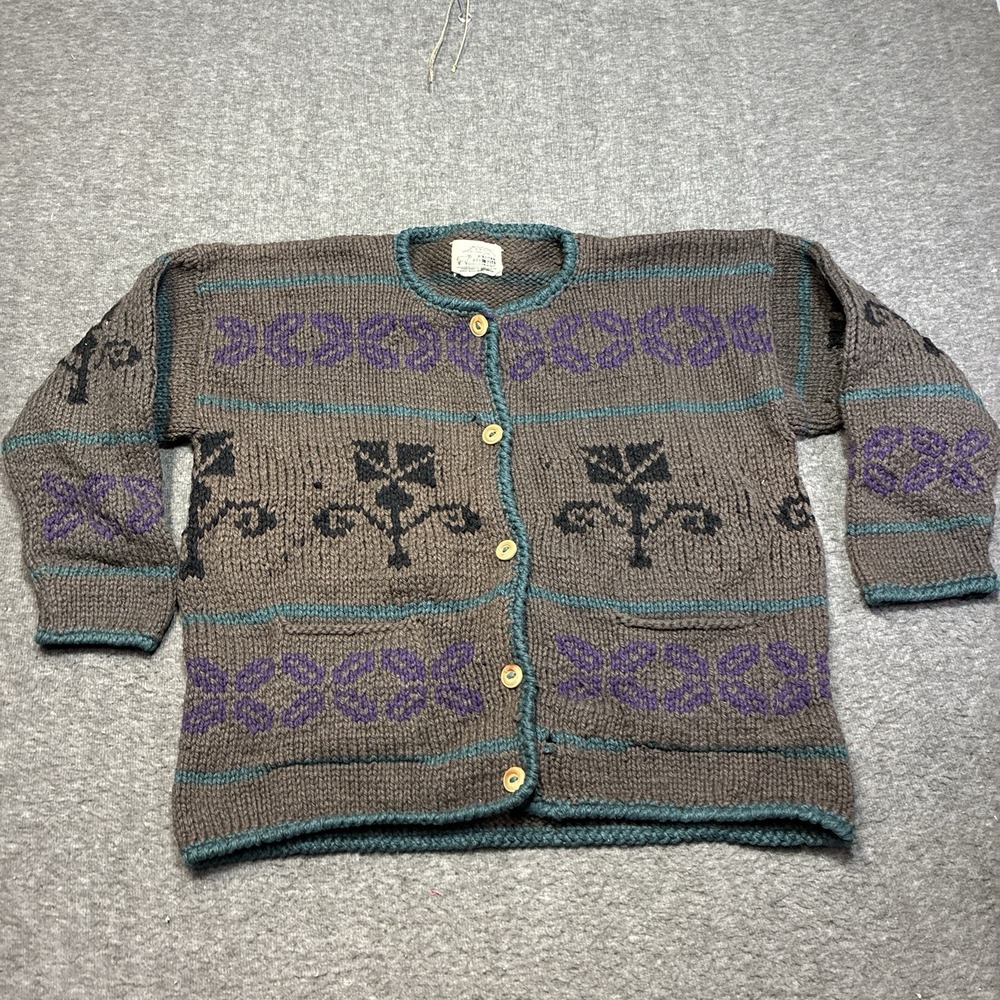 Vintage Bolivian Hand Knit Cardigan Sweater Lamb Wool‎ Art Handmade Men XL Heavy